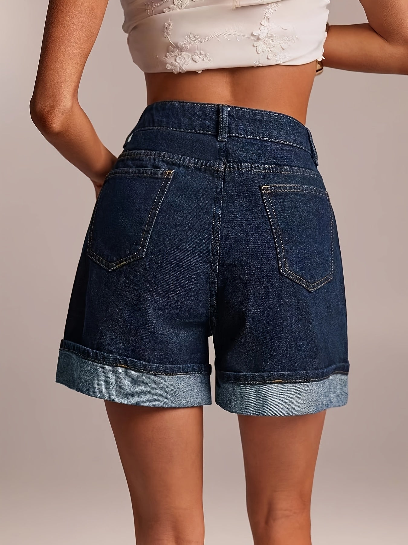 Effortless Medium Blue Jean Shorts for Women with High Waist Cuffed Pocket Relaxed Style