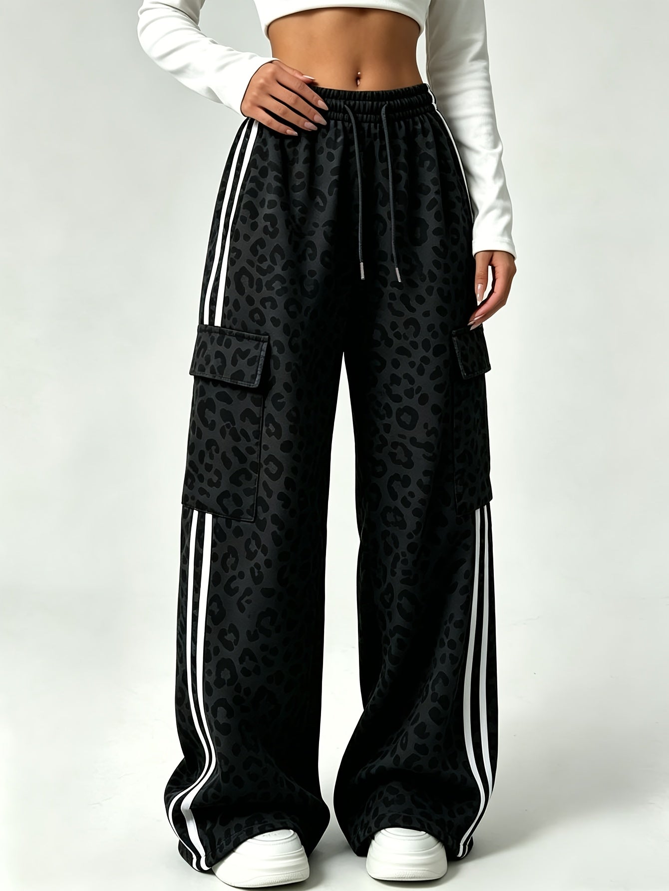 Effortless Leopard Print Cargo Pants for Women with High Waist Drawstring Wide Leg Relaxed Style