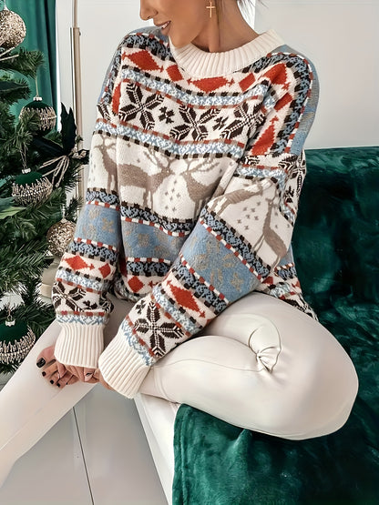 Comfortable White Reindeer Fair Isle Women's Christmas Sweater with Crew Neck Long Sleeve Oversized Knit Style
