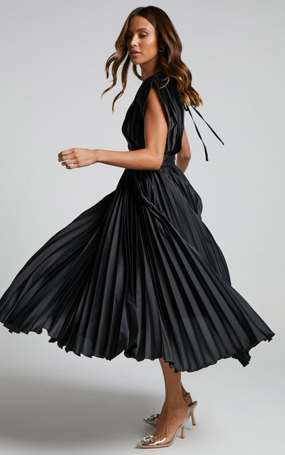 Elegant Pleated Midi Dress for Women with Deep V Neck Formal Wedding Guest Style