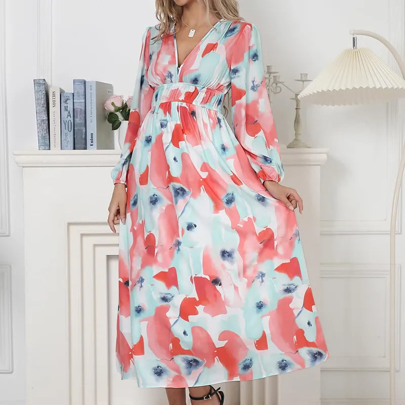 Effortless Floral Midi Dress for Women with V Neck Balloon Sleeve Smocked Waist Flowing Bohemian Style