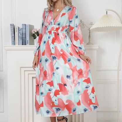 Effortless Floral Midi Dress for Women with V Neck Balloon Sleeve Smocked Waist Flowing Bohemian Style