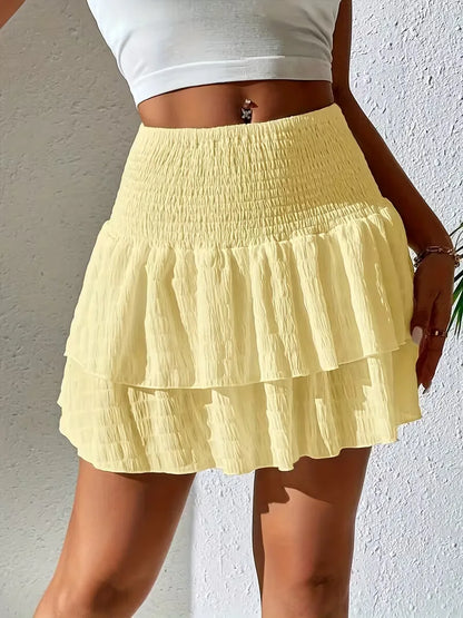 Effortless Tiered Mini Skirt for Women with Smocked High Waist Ruffle Layered Style