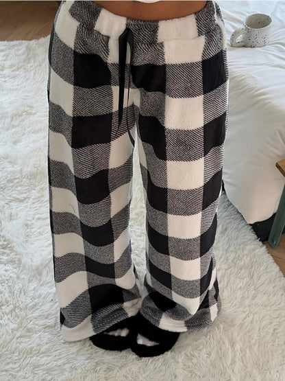 Cozy Plaid Plush Sweatpants for Women with Drawstring Waist Wide Leg Fleece Lounge Style