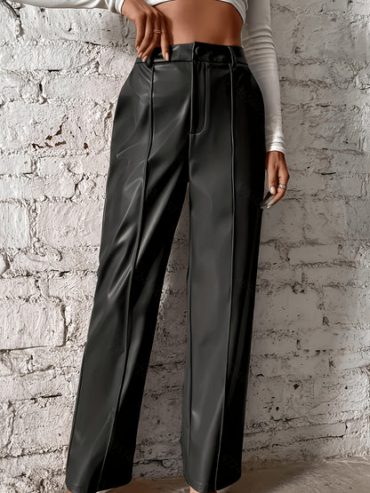 Elegant Black Faux Leather Pants for Women with High Waist Wide Leg Pintuck Tailored Style