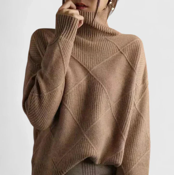 Comfortable Diamond Quilted Sweatshirt for Women with Turtleneck Long Sleeve Relaxed Oversized Knit Style