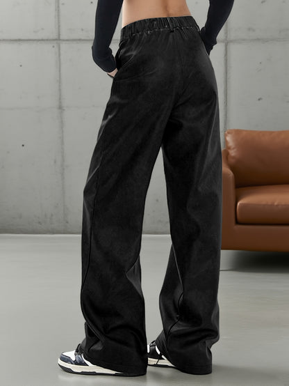 Sleek Black Leather Slacks for Women with High Waist Wide Leg Pleated Relaxed Style