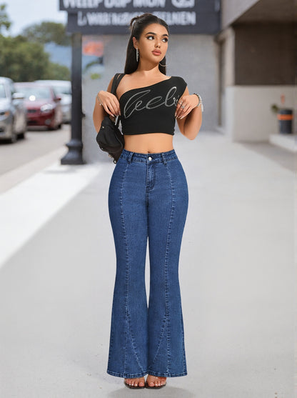 Effortless Medium Blue High Waisted Jeans for Women with Flared Leg Button Front Relaxed Casual Style