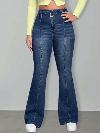 Effortless Medium Blue Buckle Jeans for Women with High Waist Flare Leg Relaxed Casual Style