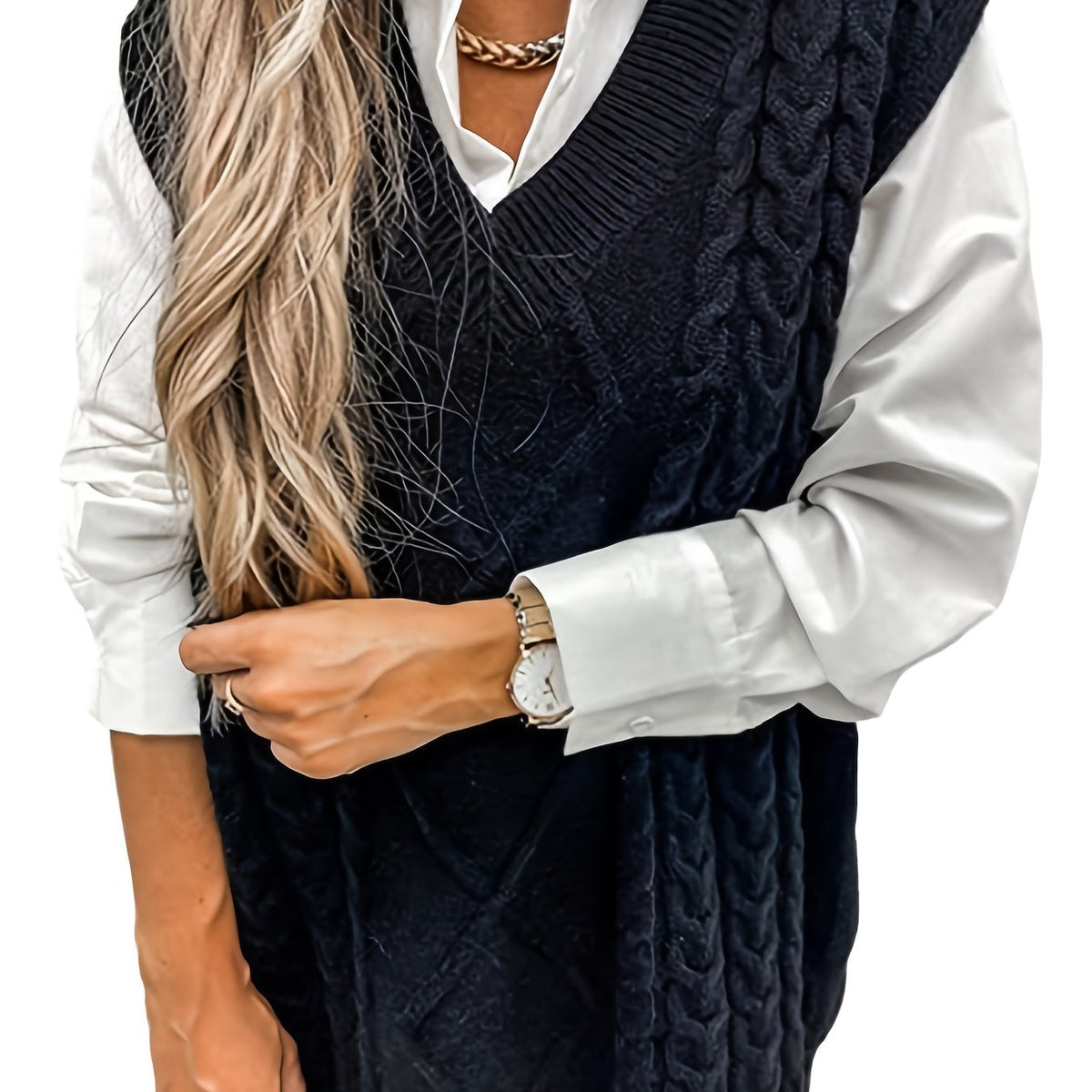 Cozy Cable Knit Sweater Vest for Women with V Neck Sleeveless Oversized Relaxed Style