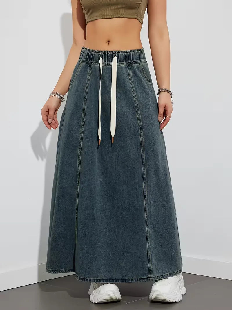 Effortless Denim Skirt for Women with High Waist Drawstring A Line Side Slit Style