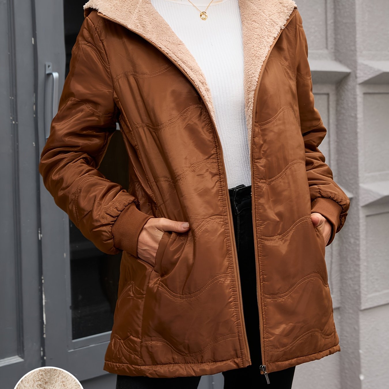 Comfortable Sherpa Lined Quilted Jacket for Women with Hooded Long Sleeve Zip Front Relaxed Style