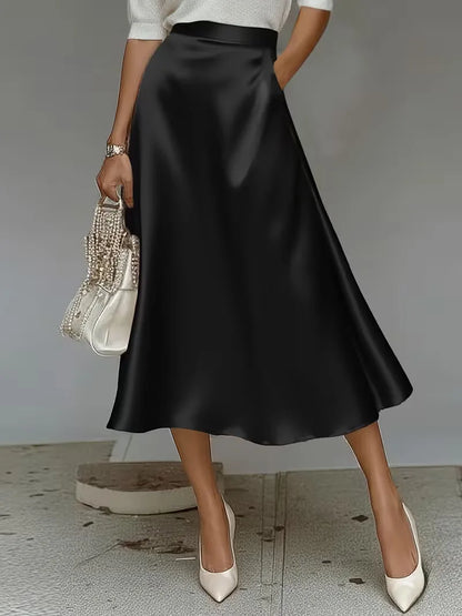 Elegant Satin Midi Skirt for Women with High Waist A Line Pocket Flowing Style