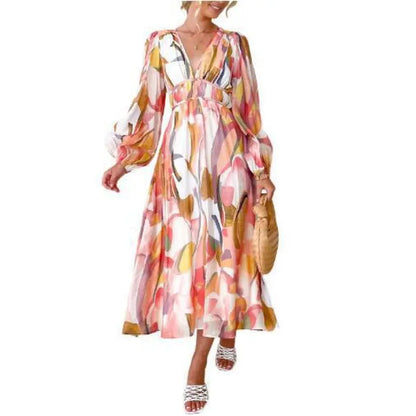 Effortless Floral Midi Dress for Women with V Neck Balloon Sleeve Smocked Waist Flowing Bohemian Style