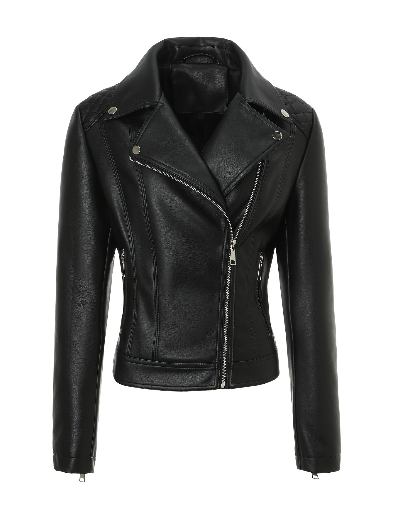 Elegant Leather Moto Jacket for Women with Notch Lapel Asymmetric Zip Front Fitted Style