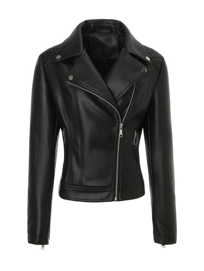 Elegant Leather Moto Jacket for Women with Notch Lapel Asymmetric Zip Front Fitted Style