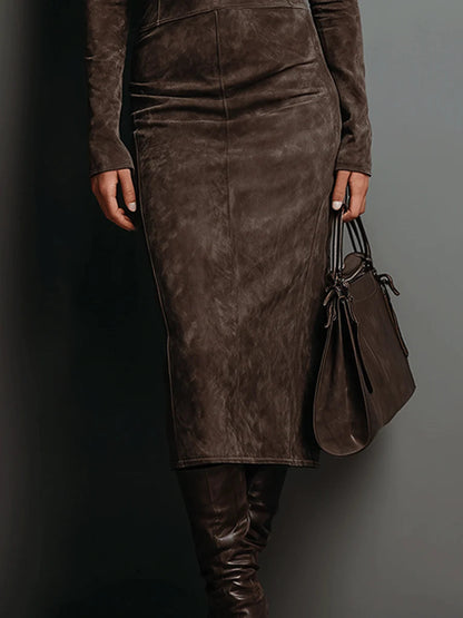 Elegant Suede Bandage Dress for Women in Semi Formal Midi Style