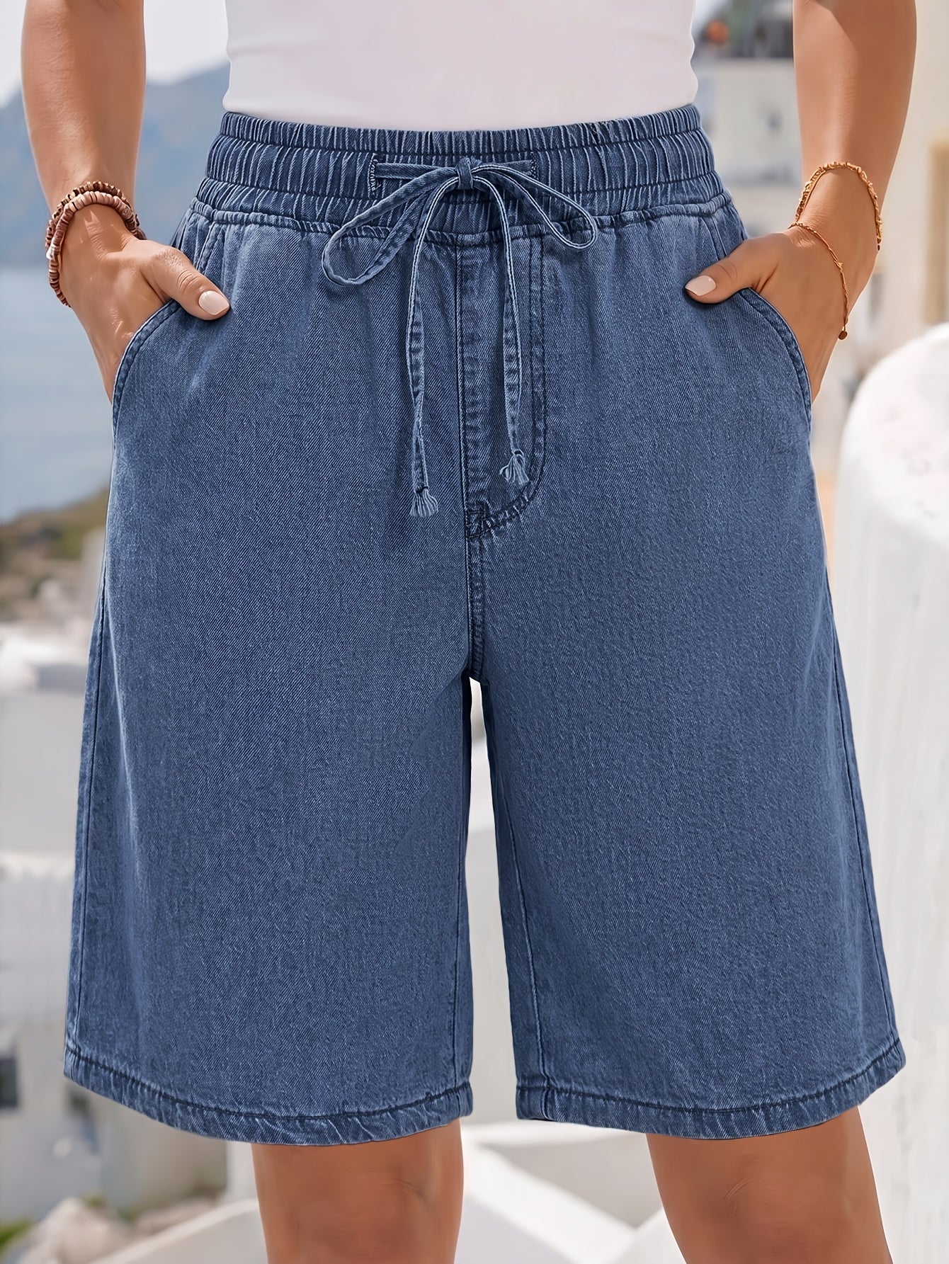 Effortless Blue Jean Shorts for Women with High Waist Drawstring Pocket Bermuda Style