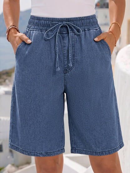 Effortless Blue Jean Shorts for Women with High Waist Drawstring Pocket Bermuda Style