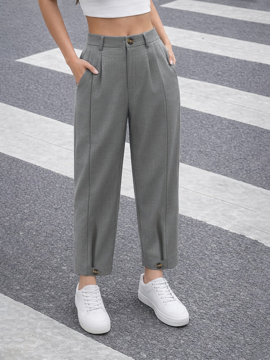 Elegant Tailored Trousers for Women with High Waist Pleated Tapered Ankle Button Cuff Style
