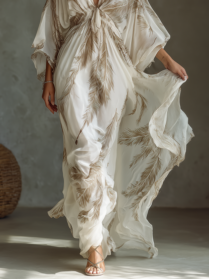 Elegant Ivory Maxi Dress for Women with Palm Leaf Print Dolman Sleeve Twist Front Chiffon Casual Summer Style