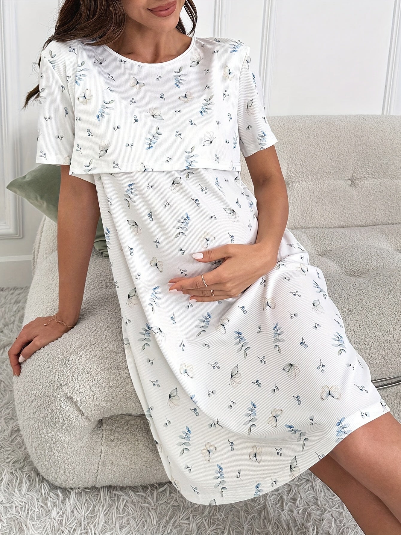 Comfortable Mixed Print Maternity Nursing Dress for Women with Round Neck Short Sleeve Layered Tiered Style