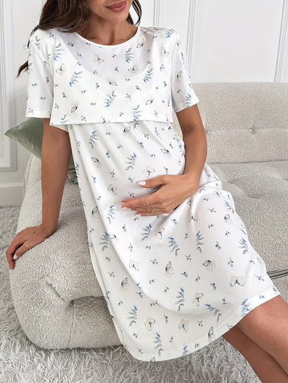 Comfortable Mixed Print Maternity Nursing Dress for Women with Round Neck Short Sleeve Layered Tiered Style