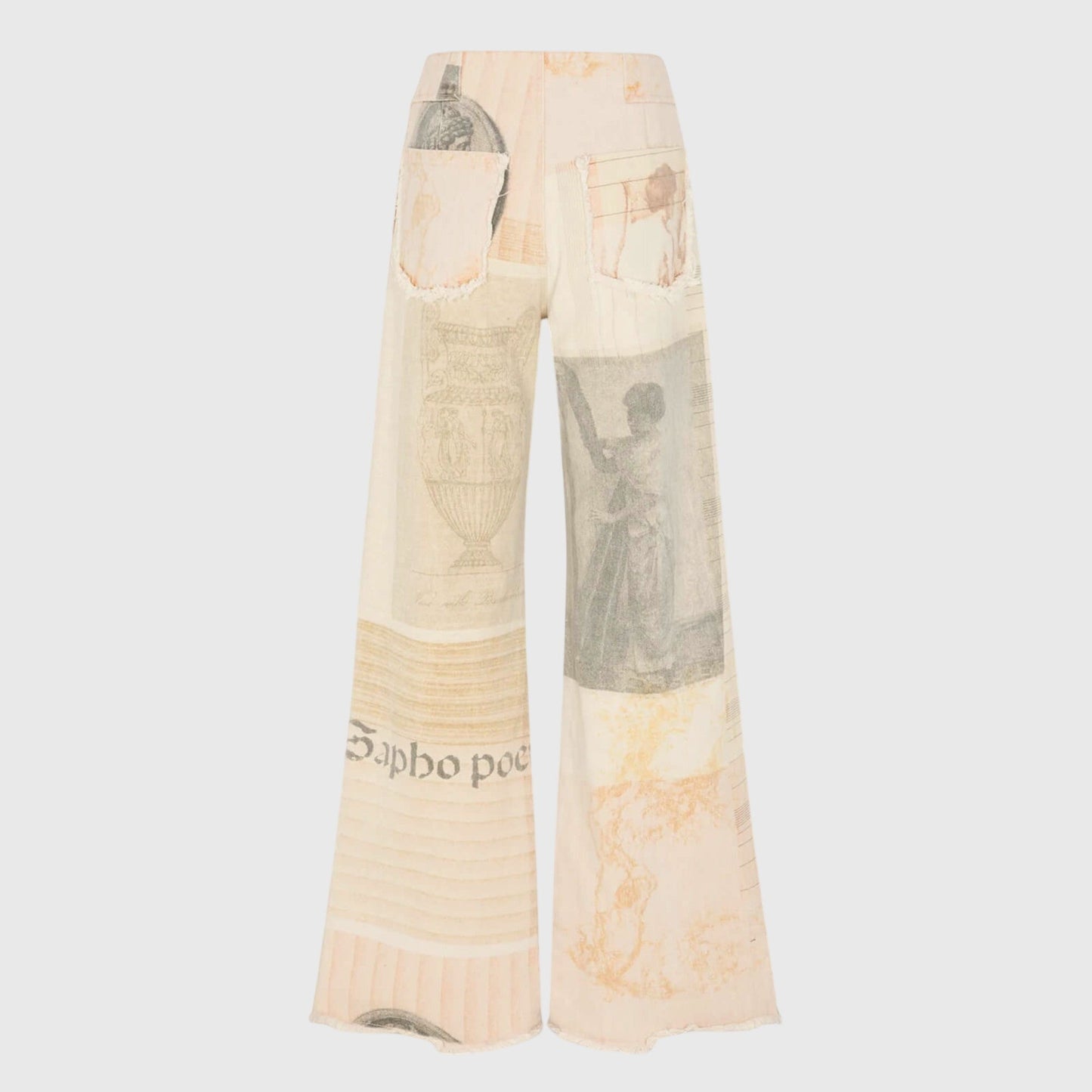 Effortless Ivory Collage Print Wide Leg Jeans for Women with High Waist Raw Hem Frayed Pocket Relaxed Style