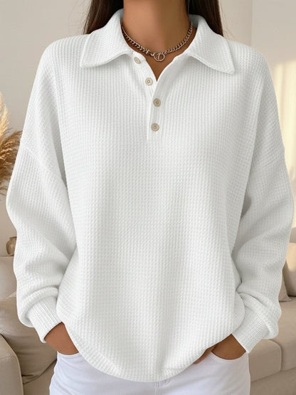 Comfortable Waffle Knit Sweatshirt for Women with Collar Long Sleeve Button Placket Oversized Style