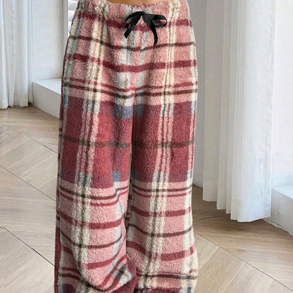 Cozy Plaid Wide Leg Sweatpants for Women with Drawstring Waist Plush Fleece Lounge Style