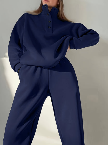 Comfortable Fleece Sweatsuit for Women with Mock Neck Snap Button Long Sleeve Oversized Two Piece Style