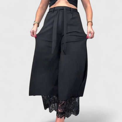 Elegant Black Wide Leg Pants for Women with High Waist Lace Trim Belted Slit Flowing Style