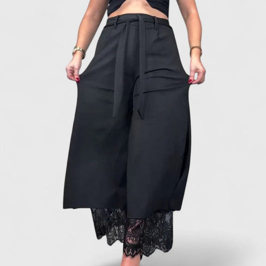 Elegant Black Wide Leg Pants for Women with High Waist Lace Trim Belted Slit Flowing Style