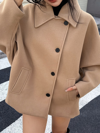 Elegant Khaki Wool Pea Coat for Women with Notched Collar Batwing Sleeve Oversized Button Front Style