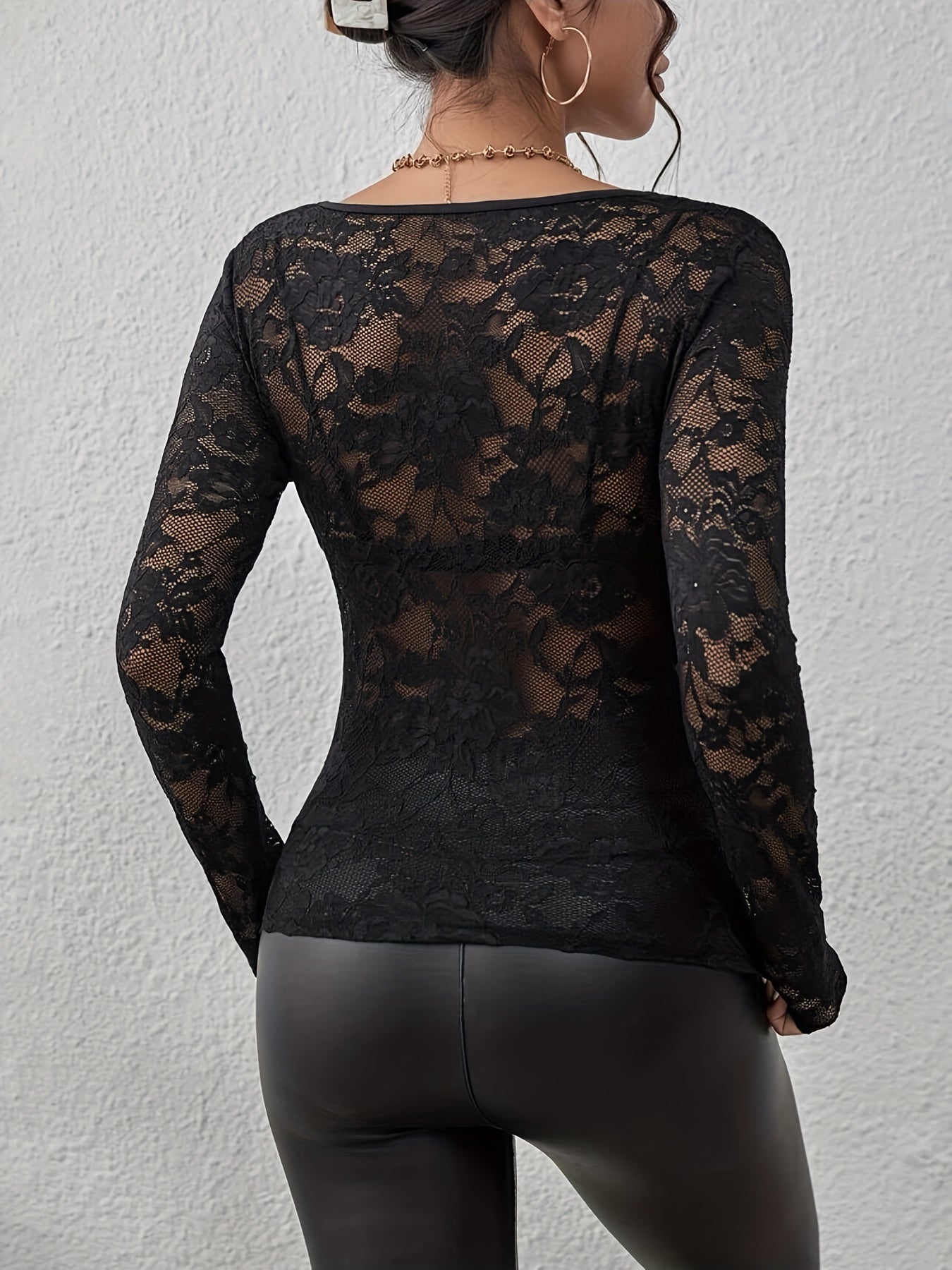 Elegant Black Lace Going Out Top for Women with Scalloped V Neck Long Sleeve Sheer Fitted Style