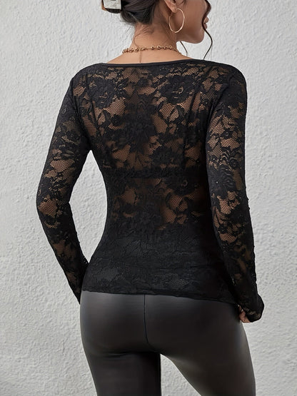 Elegant Black Lace Going Out Top for Women with Scalloped V Neck Long Sleeve Sheer Fitted Style