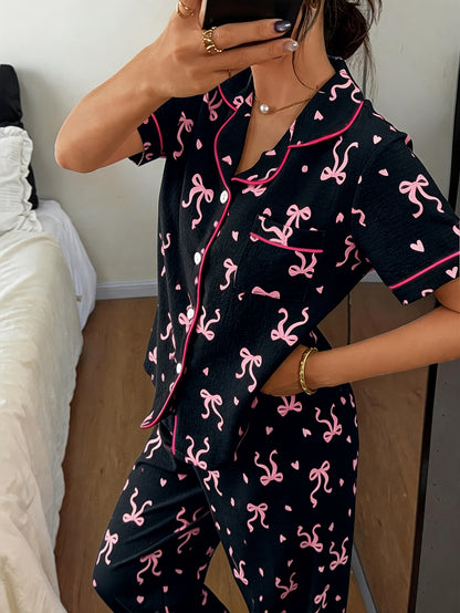 Comfortable Bow Print Pajama Set for Women with Notched Collar Short Sleeve Button Front Two Piece Style