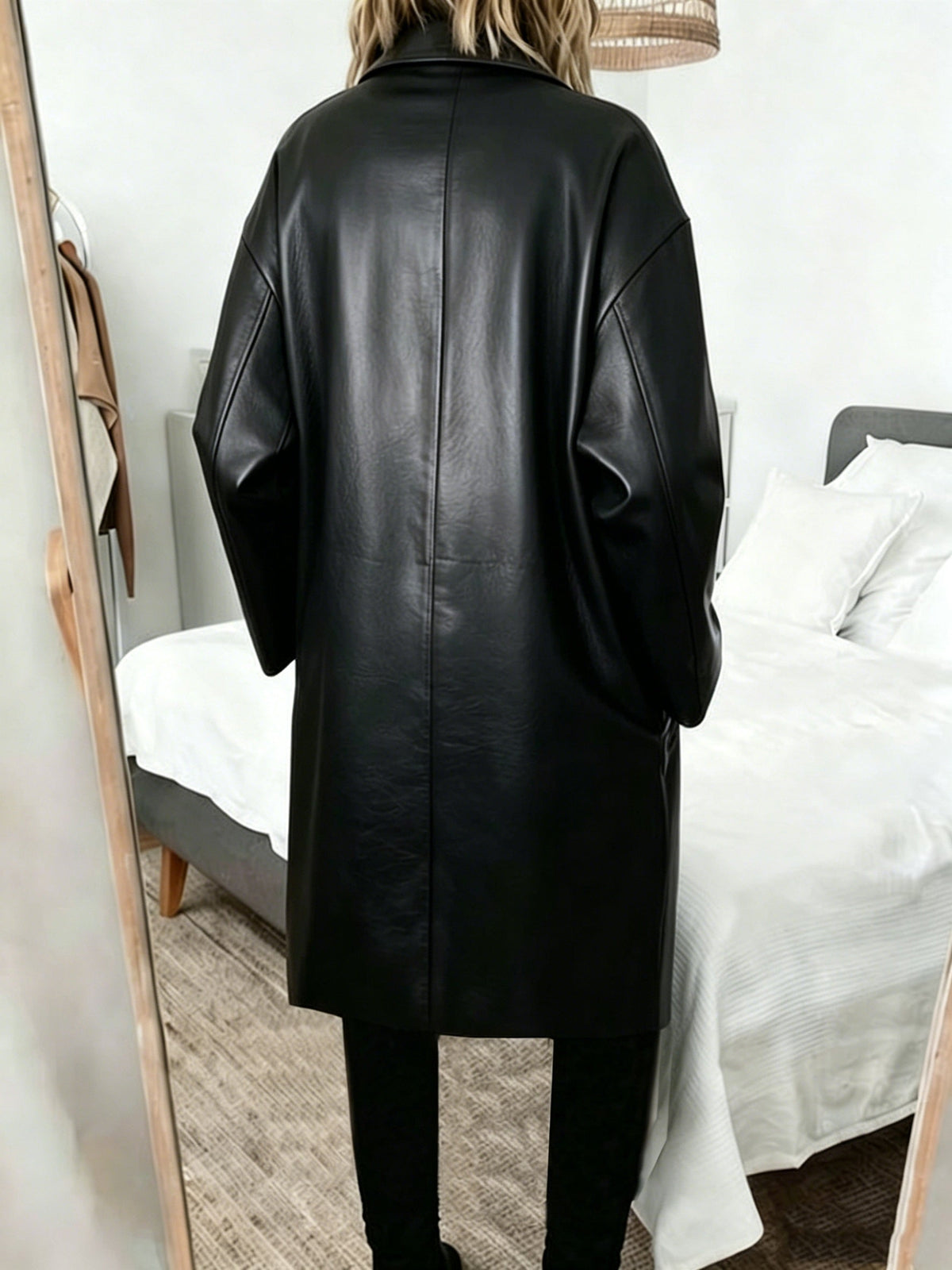 Effortless Black Faux Leather Trench Coat for Women with Notched Lapel Long Sleeve Oversized Double Breasted Style