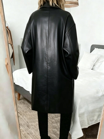Effortless Black Faux Leather Trench Coat for Women with Notched Lapel Long Sleeve Oversized Double Breasted Style