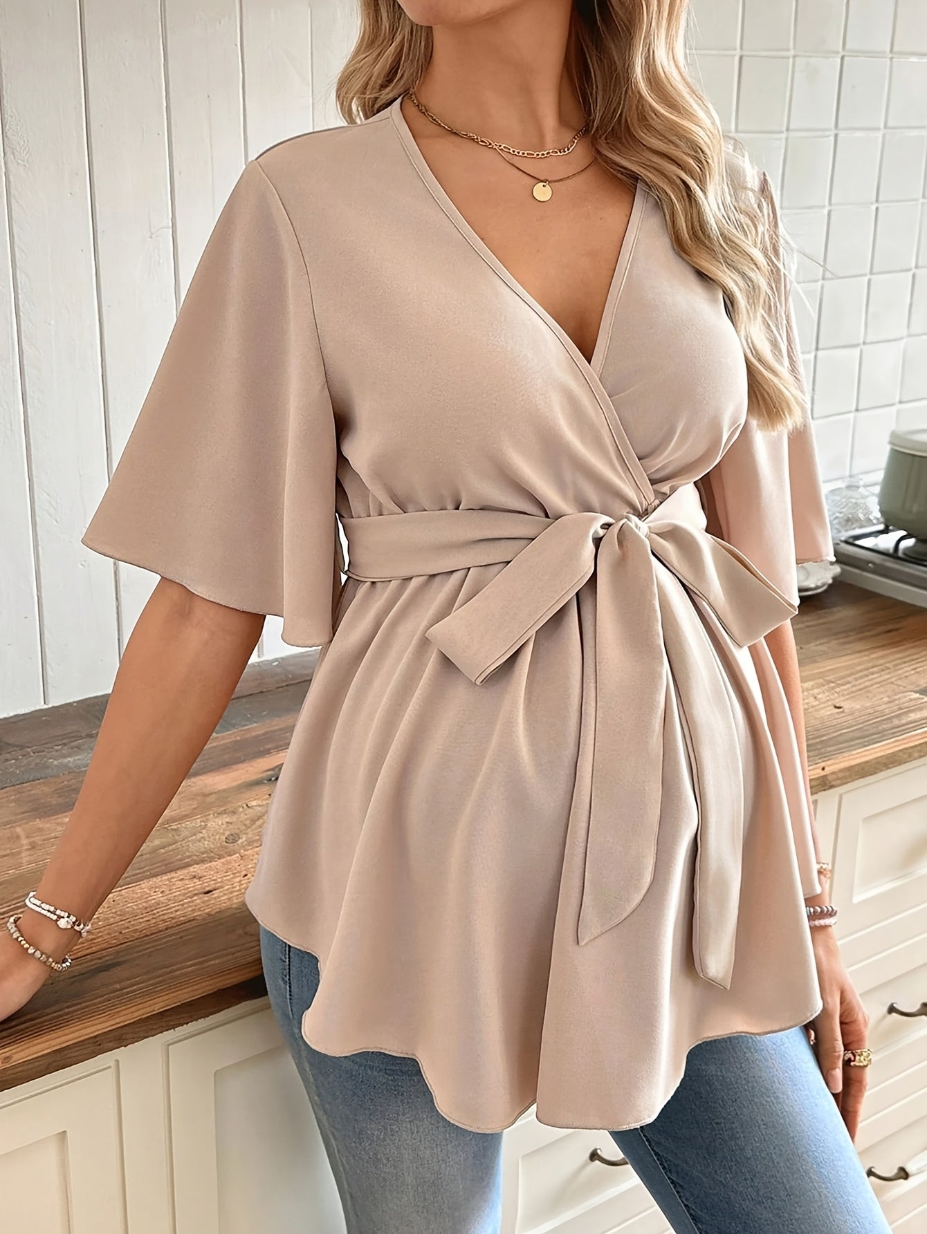 Effortless Maternity Wrap Blouse for Women with V Neck Flutter Sleeve Tie Waist Peplum Style