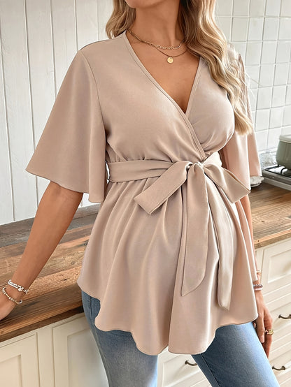 Effortless Maternity Wrap Blouse for Women with V Neck Flutter Sleeve Tie Waist Peplum Style