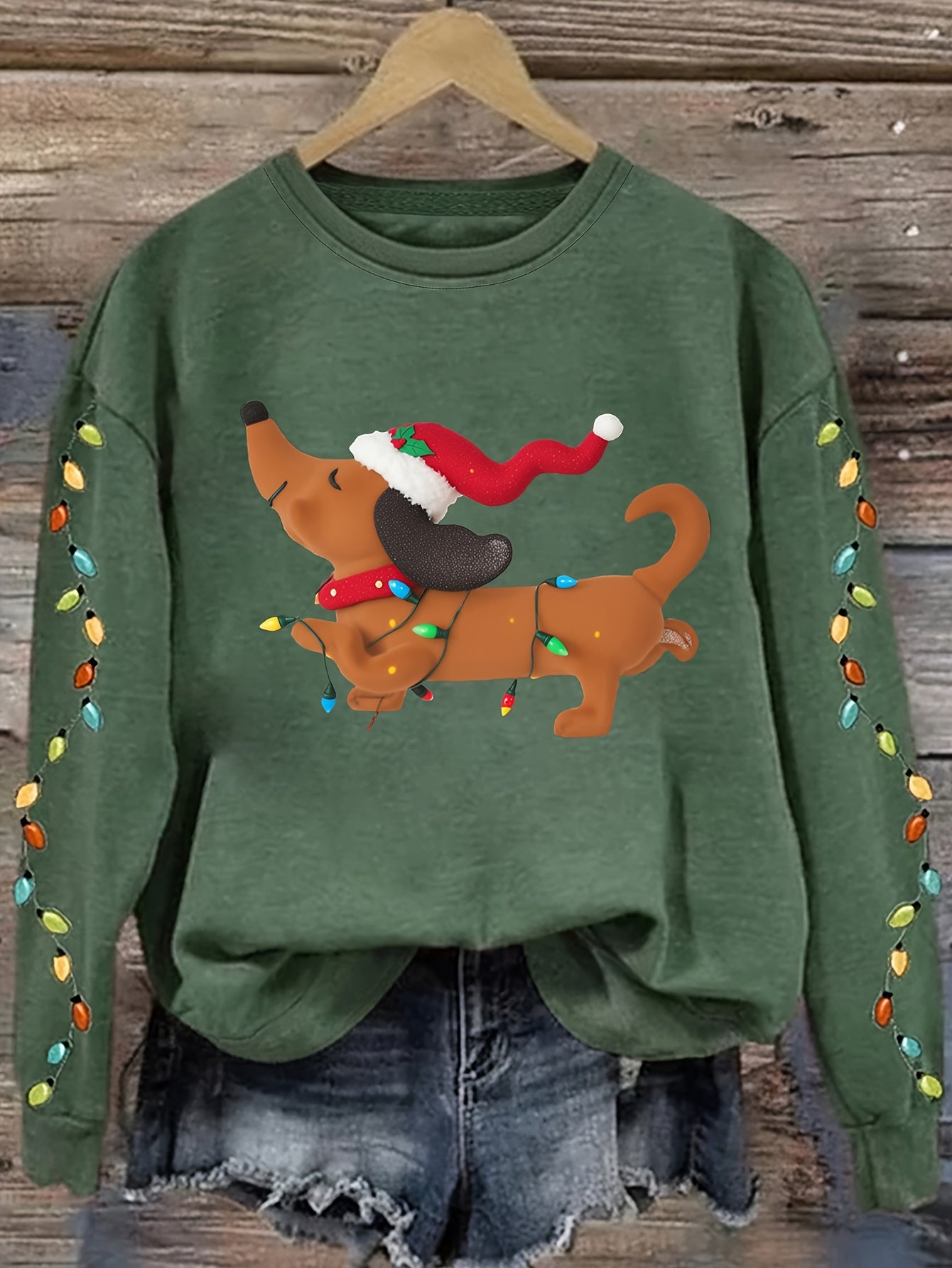 Comfortable Dachshund Santa Christmas Tacky Sweater for Women with Crew Neck Long Sleeve Relaxed Oversized Knit Style