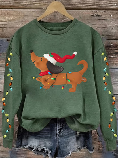 Comfortable Dachshund Santa Christmas Tacky Sweater for Women with Crew Neck Long Sleeve Relaxed Oversized Knit Style