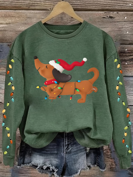 Comfortable Dachshund Santa Christmas Tacky Sweater for Women with Crew Neck Long Sleeve Relaxed Oversized Knit Style