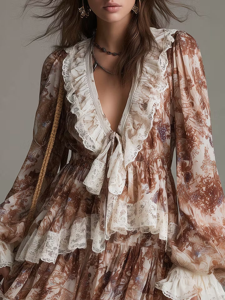 Effortless Brown Floral Mini Dress for Women with Tie Neck Ruffle Tiered Long Sleeve