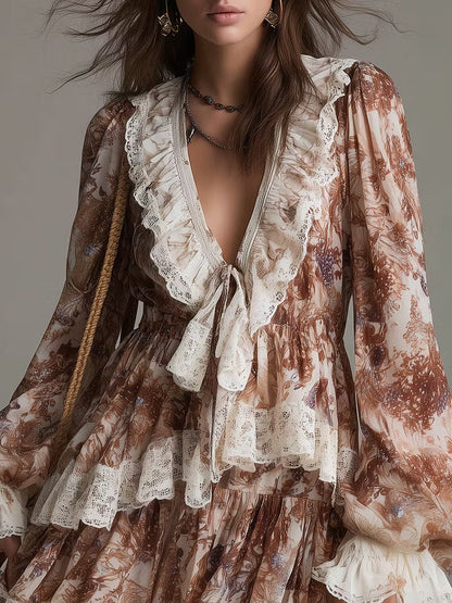 Effortless Brown Floral Mini Dress for Women with Tie Neck Ruffle Tiered Long Sleeve