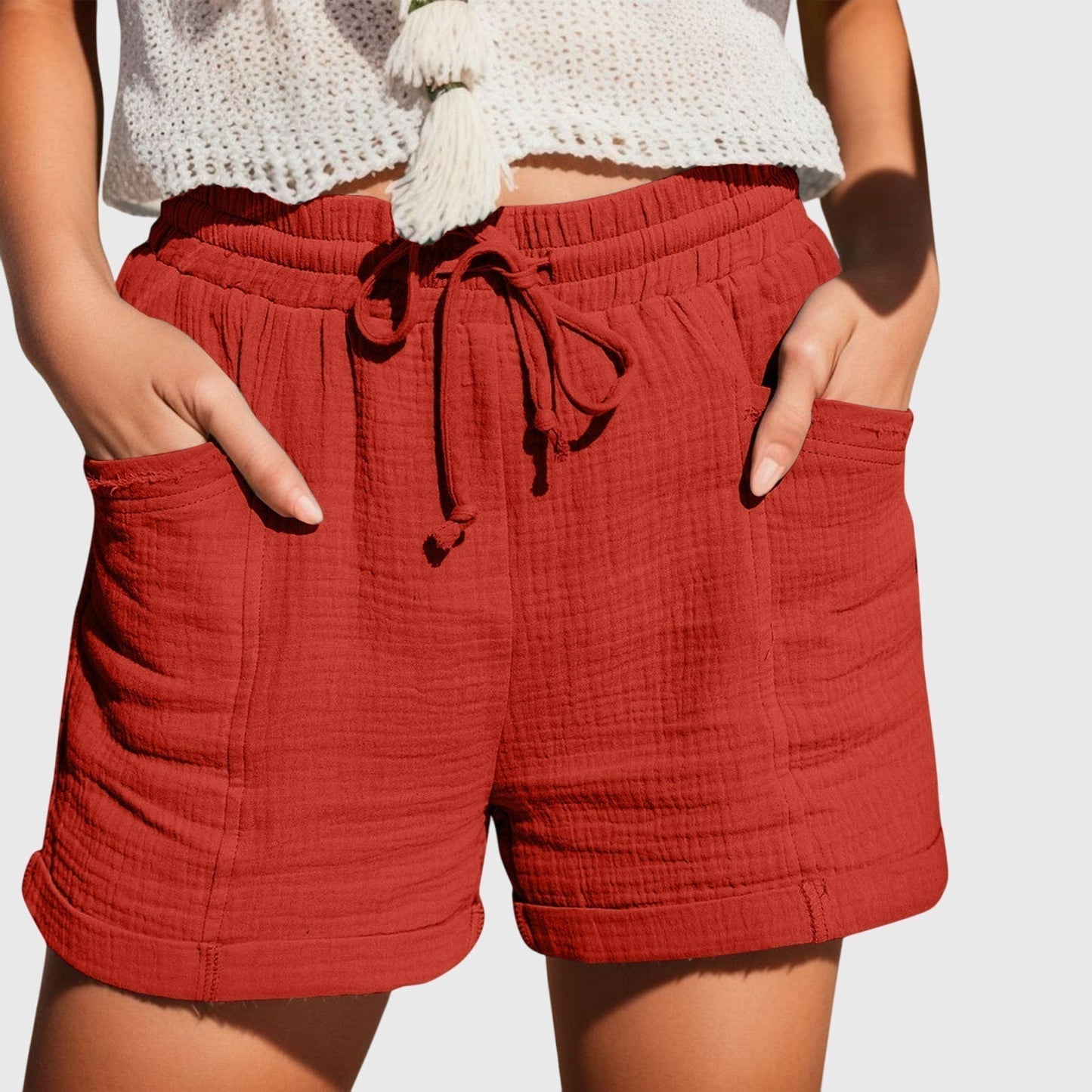 Effortless Khaki Cotton Gauze Shorts for Women with High Waist Drawstring Cuffed Relaxed Casual Style