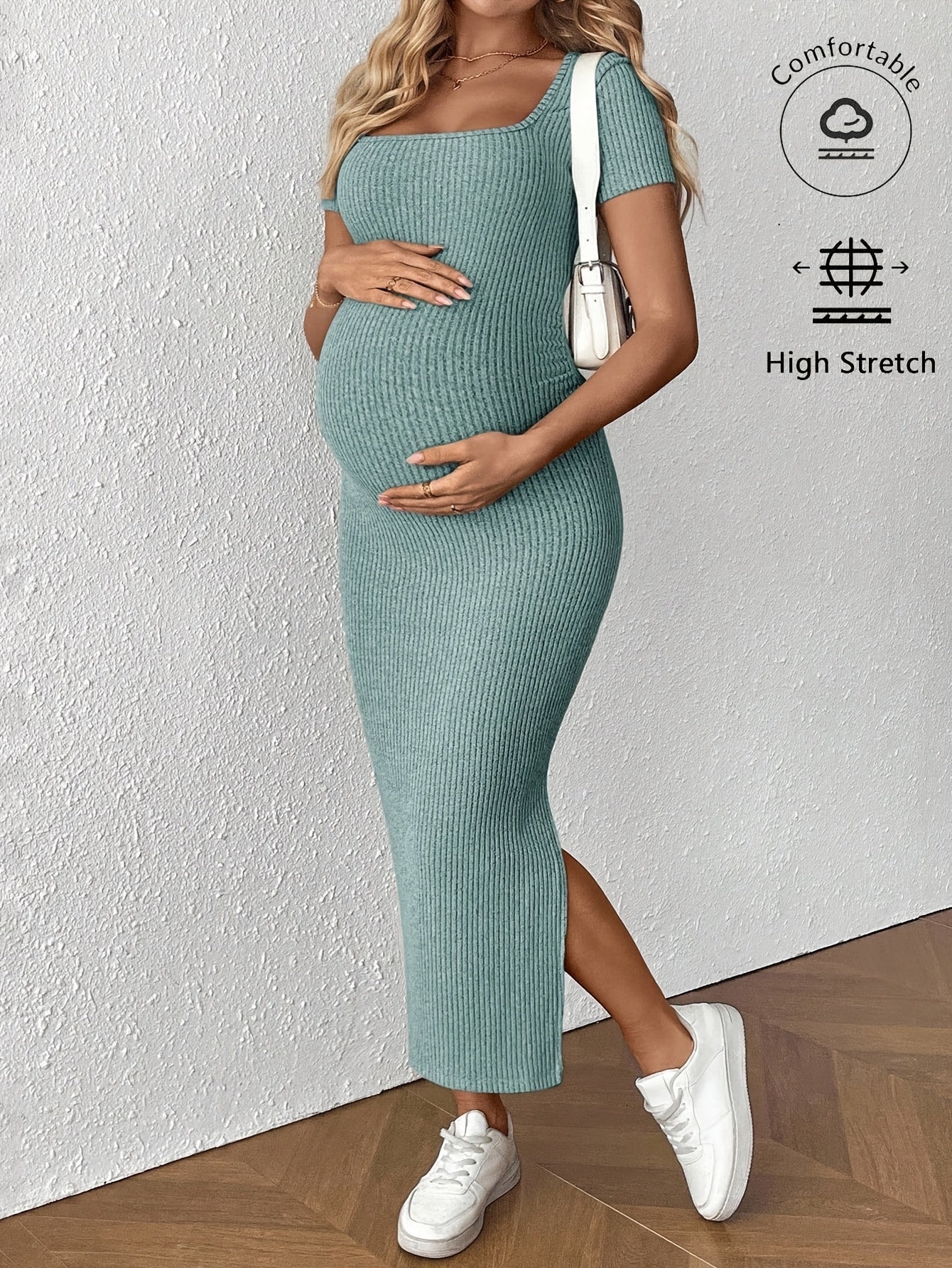 Comfortable Ribbed Knit Maternity Maxi Dress for Women with Square Neck Short Sleeve Bodycon Side Slit Style