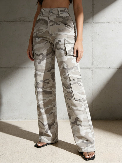 Effortless Grey Camo Pants for Women with High Waist Cargo Pocket Wide Leg Relaxed Style