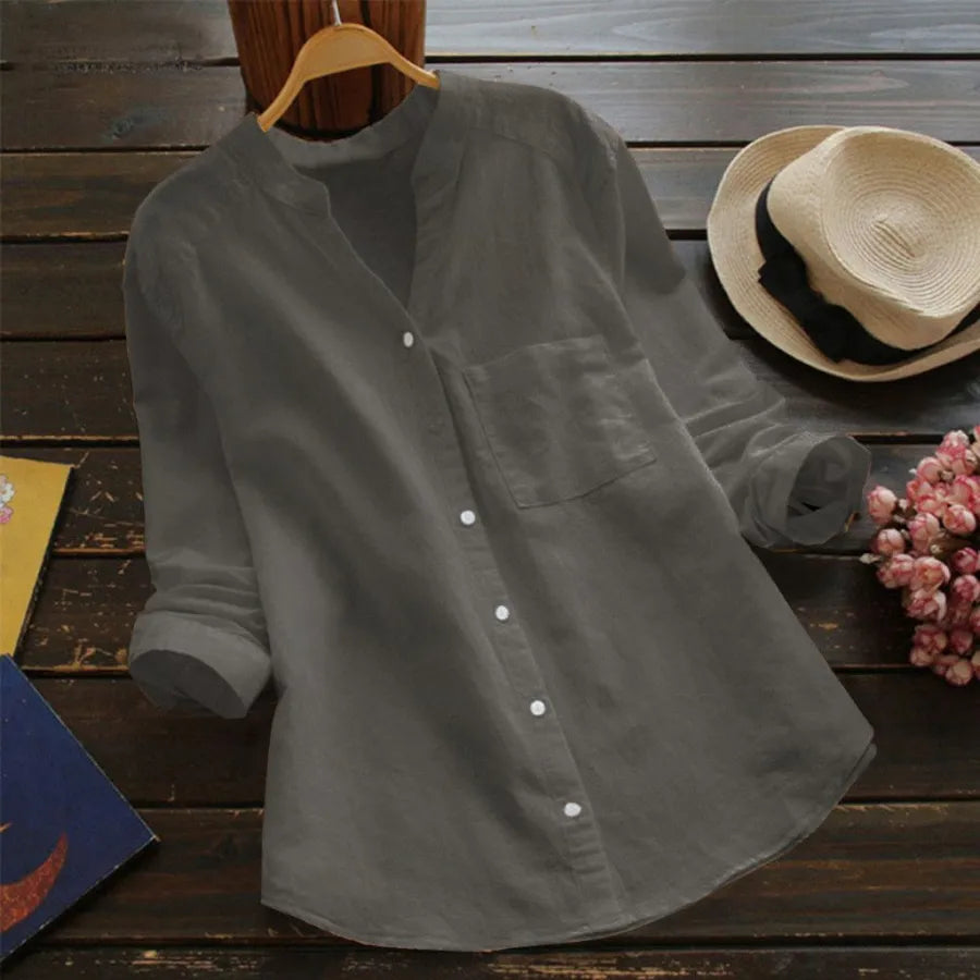 Effortless Linen Shirt for Women with Stand Collar Long Sleeve Button Front Relaxed Style